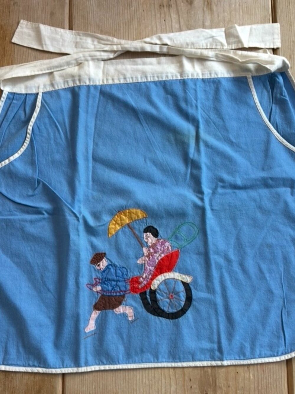 Vintage Blue Cotton Apron with Embroidered Scene of Woman in Rickshaw